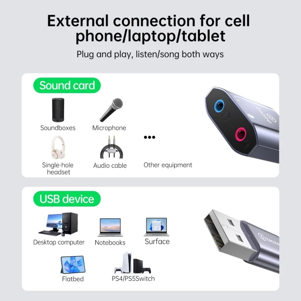 Biaze USB Sound Card to 3.5mm Dual Jack Adapter