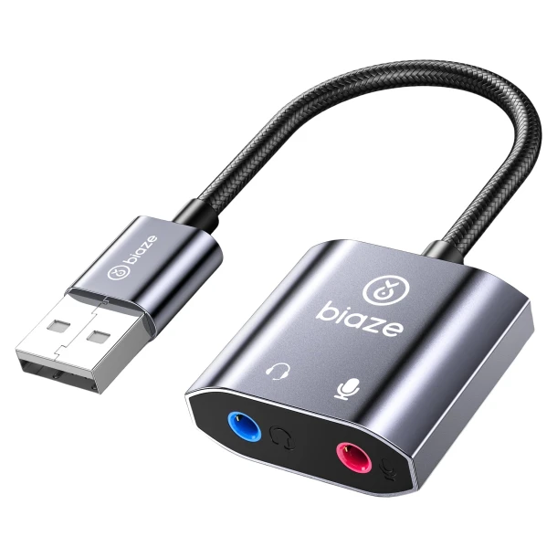 Biaze USB Sound Card to 3.5mm Dual Jack Adapter